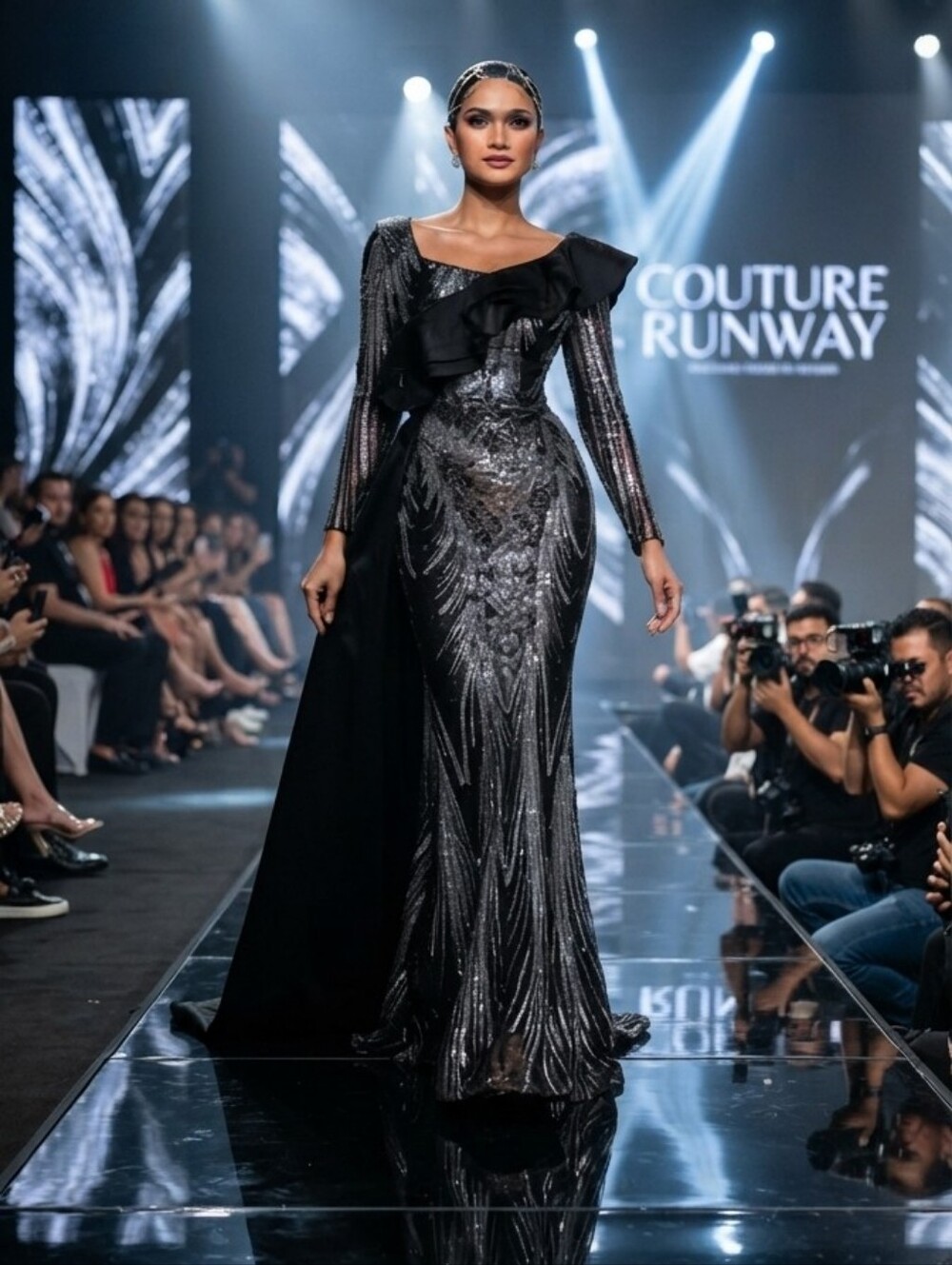 Black Sequin One-Shoulder Prom Gown with Ruffle Drape